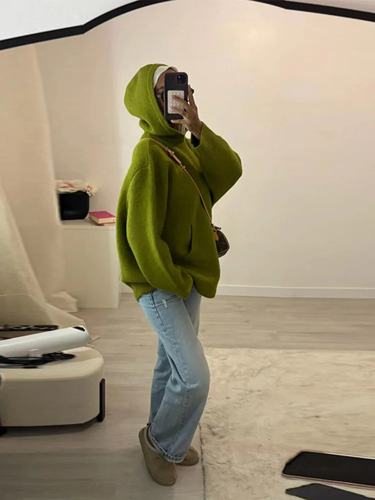 Fashion Lady Knitted Hoodies Sweater Long Sleeve Pocket Drop Shoulder Loose Solid Sweaters Autumn Winter Commuter All-match Tops - ATFH