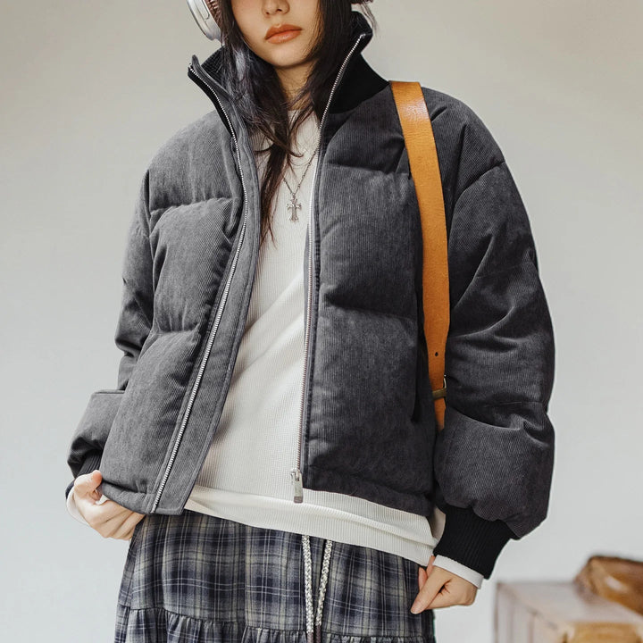 Maden Women Corduroy Down Jacket 90% Duck Down Warm Short Puffer Coat Knit Stand Collar Drawstring Hem Winter Thick Outerwear ATFH