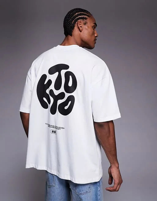 Oversized T-shirt with Kyoto Text Print in White High-end Luxury Unisex Style Both of Men and Women ATFH