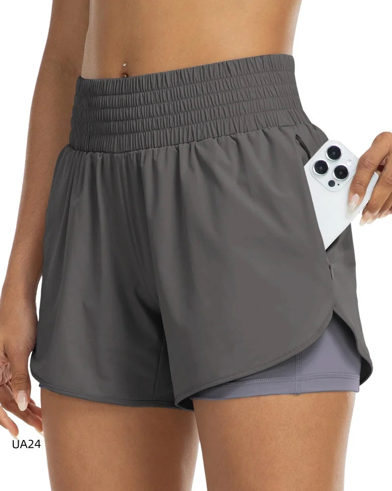 Women's High-Waisted 2-in-1 Quick-Dry Shorts with Zipper Pocket Elastic Waist for Workout Running Gym Yoga Fitness Sportswear Tahsi Fashion House