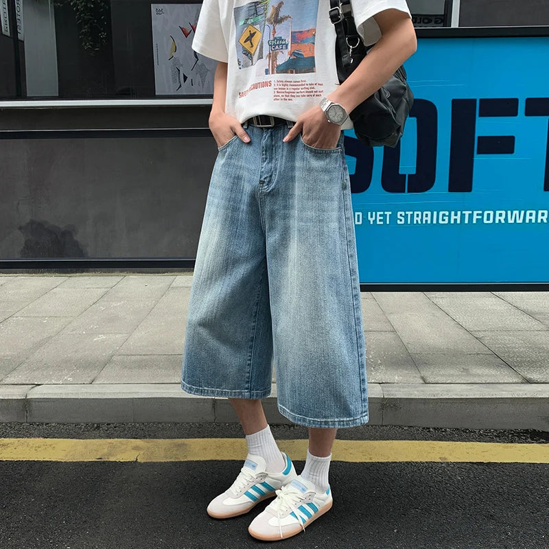 2026 American Street Retro Old Straight Denim Cropped Pants Men's Fattened Large Size Summer Casual Versatile Wide-leg Shorts ATFH