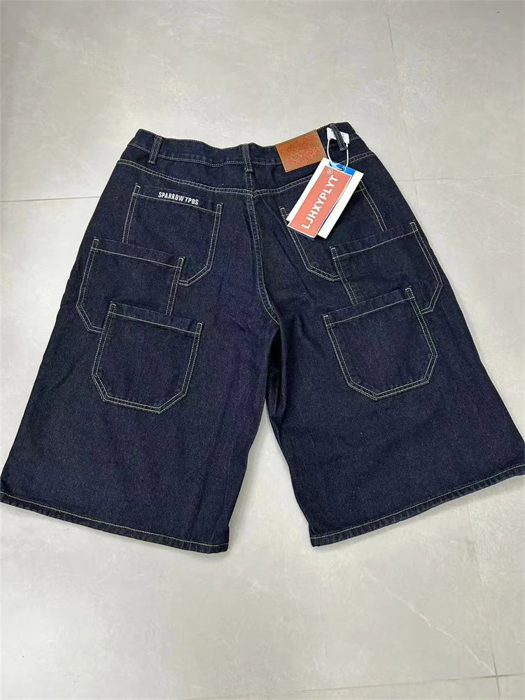 Summer Women's Multi-pocket Design Vintage Denim Shorts Y2k Cool Girl Wide Leg Pants Female Fashion Calf-length Trousers ATFH