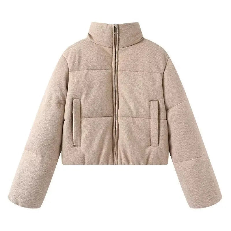 women's autumn and winter new casual simple versatile knitted fabric stand collar short warm cotton jacket coat ATFH