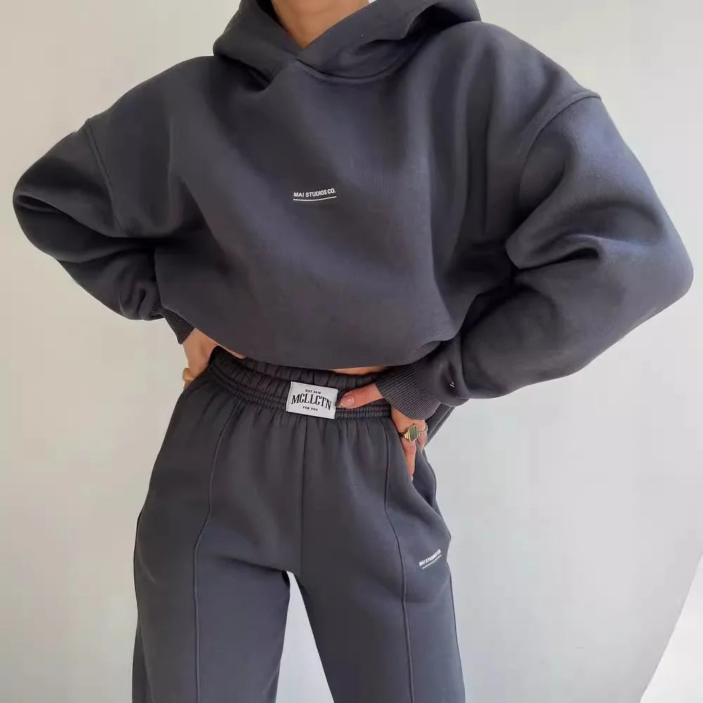 Hot Selling European and American Autumn Winter New Fashion Solid Color Hooded Hoodie Casual Two Piece Set ATFH