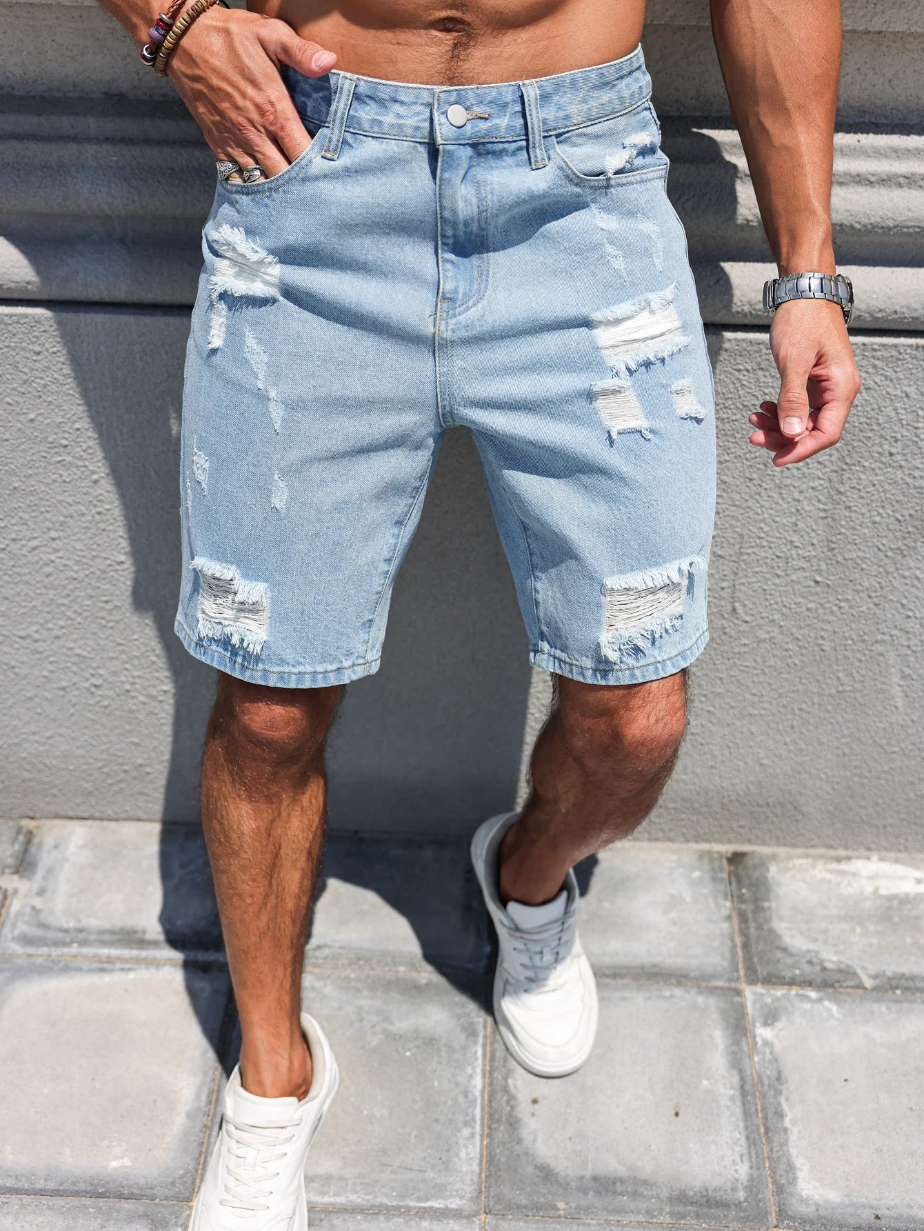 Hole-washed Water Buffalo Denim Short Pants - Men's Trendy Loose Straight Five-Piece Casual Shorts - Summer New Style ATFH