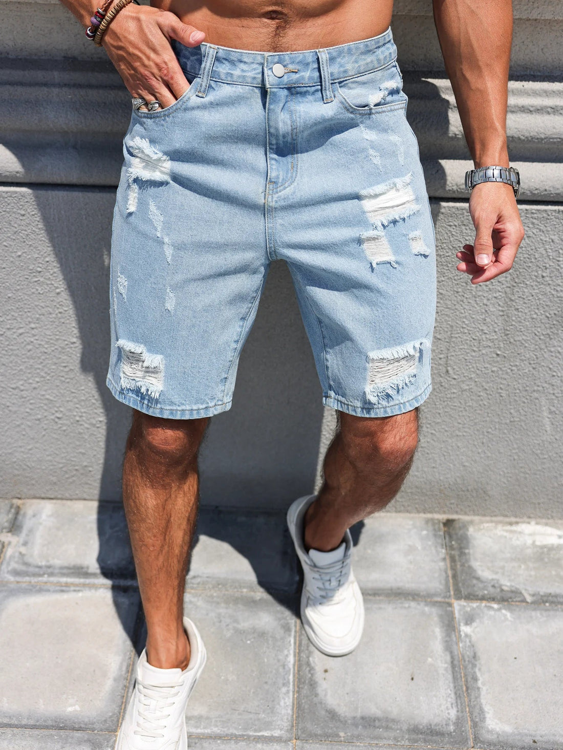 Hole-washed Water Buffalo Denim Short Pants - Men's Trendy Loose Straight Five-Piece Casual Shorts - Summer New Style ATFH