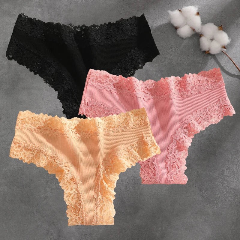 3Pcs Cotton Lace Patchwork Bikini Panties Women Seamless Floral Print Brazilian Pants Low Waist Breathable Female Sexy Lingerie