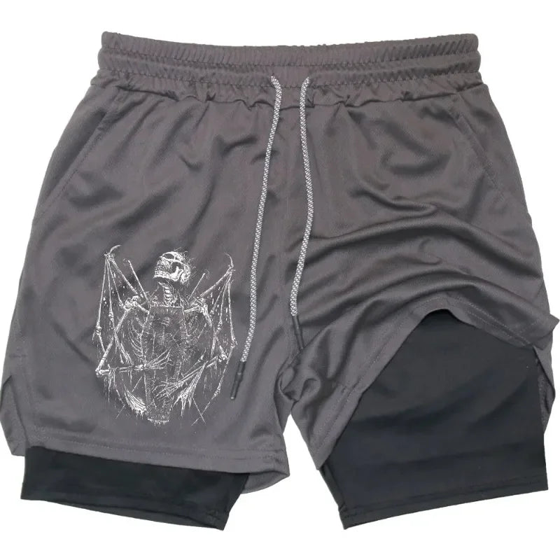 Shorts Men Quick-drying Fitness Skull Print Double Layer Shorts Workout Training Running Bodybuilding Sportwear