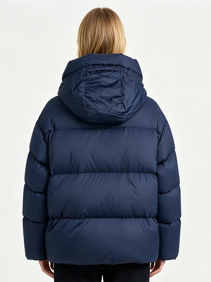 RU Women Hooded Short Puffer  Zip‑Up Loose Long Sleeve Drawstring Hood Warm Winter Female Outerwear