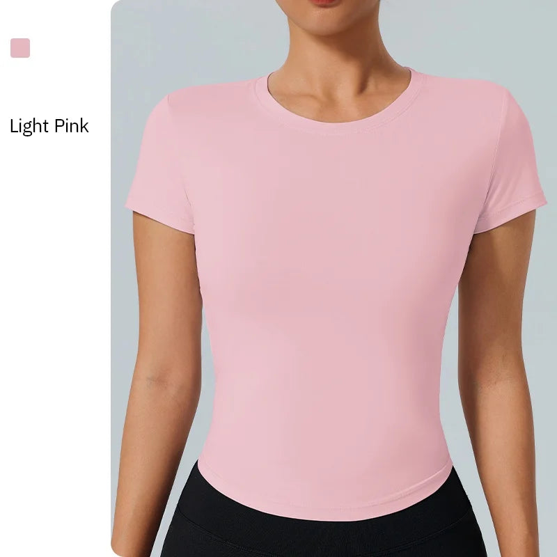 Women's Outdoor Fitness Yoga Top Round-Neck Short Sleeve Quick-Dry Compression T-Shirt for Running and Yoga - ATFH