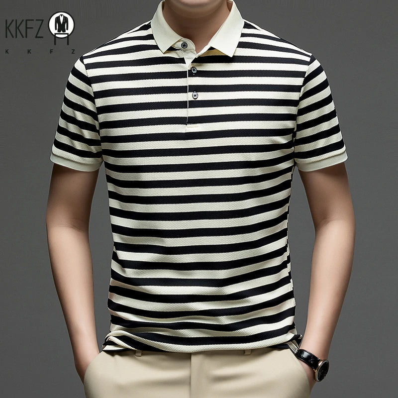 Mens Summer Striped Polo Shirt Short Sleeve Lightweight Breathable Collared Casual Top For Men