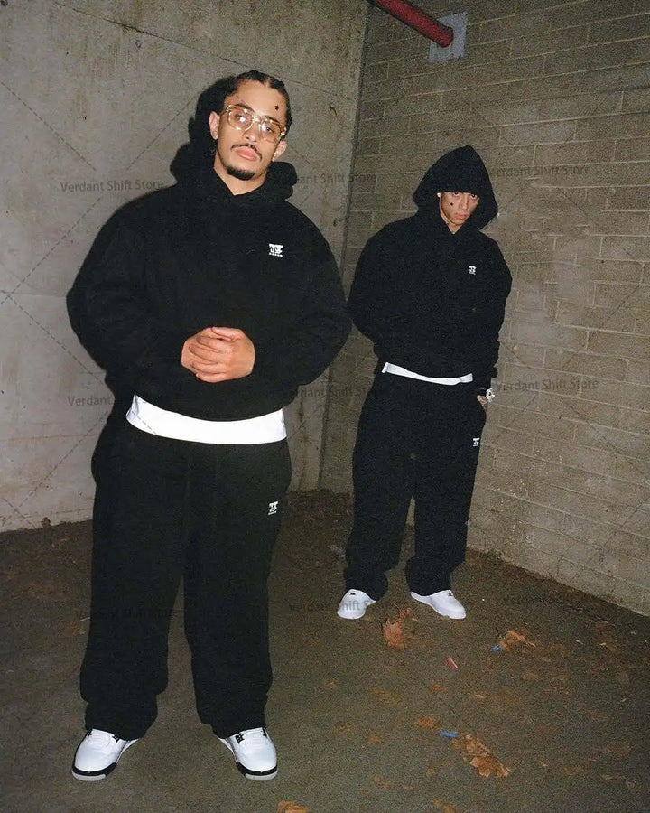 Black hoodie and wide-leg sweatpants set  Street-style minimalist fashion trend sportswear set Neutral-style streetwear fashion - ATFH
