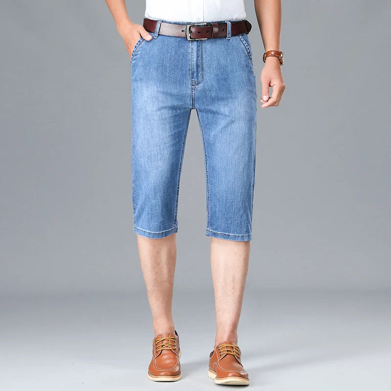 Summer Men's Thin Stretch Short Jeans Business Casual Blue Straight-leg Cotton Denim Calf-length Pants Male Brand Clothes ATFH
