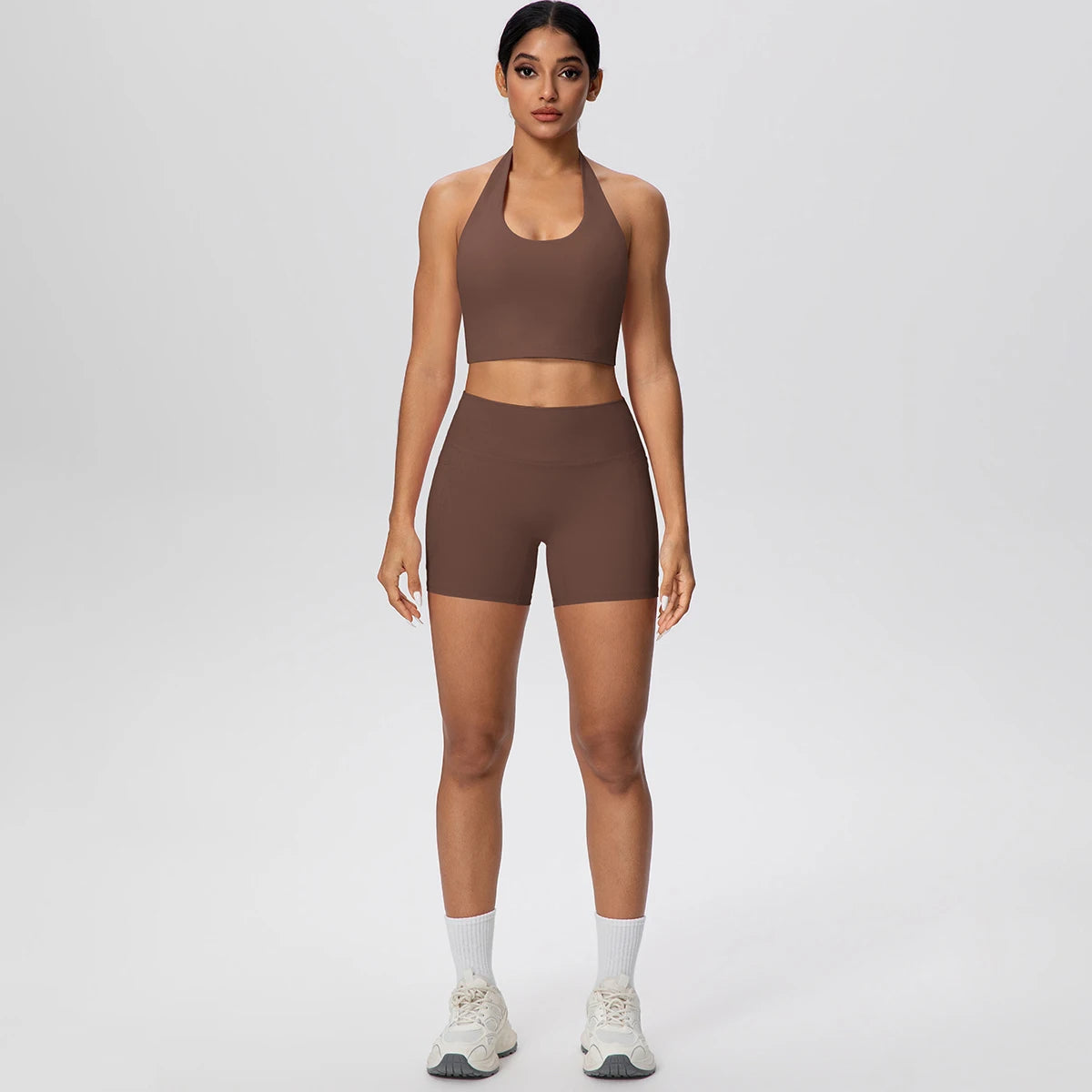 2PCS Women Yoga Set Solid Color Beautiful Back Hanging Neck Bra with Chest Pad Quick-Dry Fitness Shorts With Pockets Yoga Set - ATFH