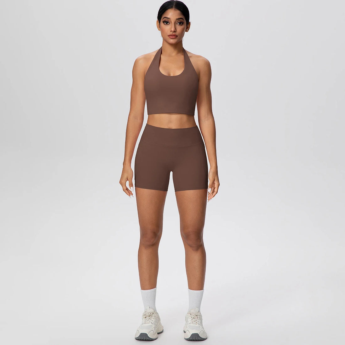 2PCS Women Yoga Set Solid Color Beautiful Back Hanging Neck Bra with Chest Pad Quick-Dry Fitness Shorts With Pockets Yoga Set - ATFH