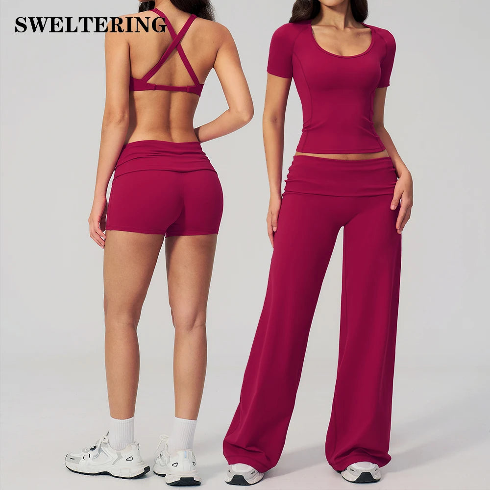 2PCS Fitness Suit Gym Tracksuits Deep V Yoga Bra Athletic Wear Female High Waist Workout Flared Pants Sports Set Yoga Clothes