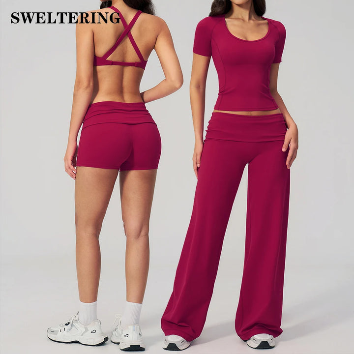 2PCS Fitness Suit Gym Tracksuits Deep V Yoga Bra Athletic Wear Female High Waist Workout Flared Pants Sports Set Yoga Clothes