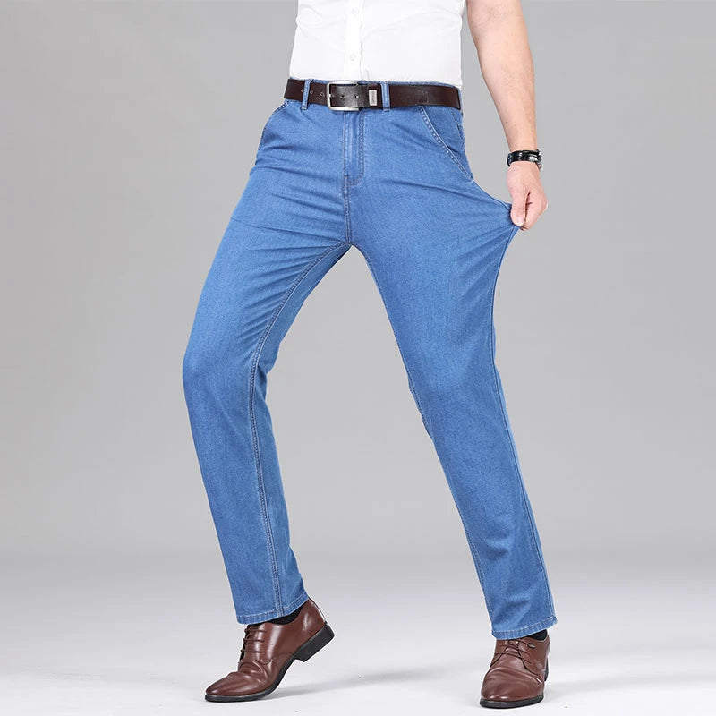 New Lyocell Fabric Jeans Men Summer Thin Business Straight Leg Loose Trousers Men's Casual Long Pants Large Size ATFH