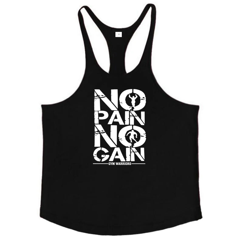 NO PAIN NO GAIN Workout Gym Clothing Bodybuilding Stringer Tank Top Men Cotton Vest Y Back Sleeveless Shirt Sports Singlets
