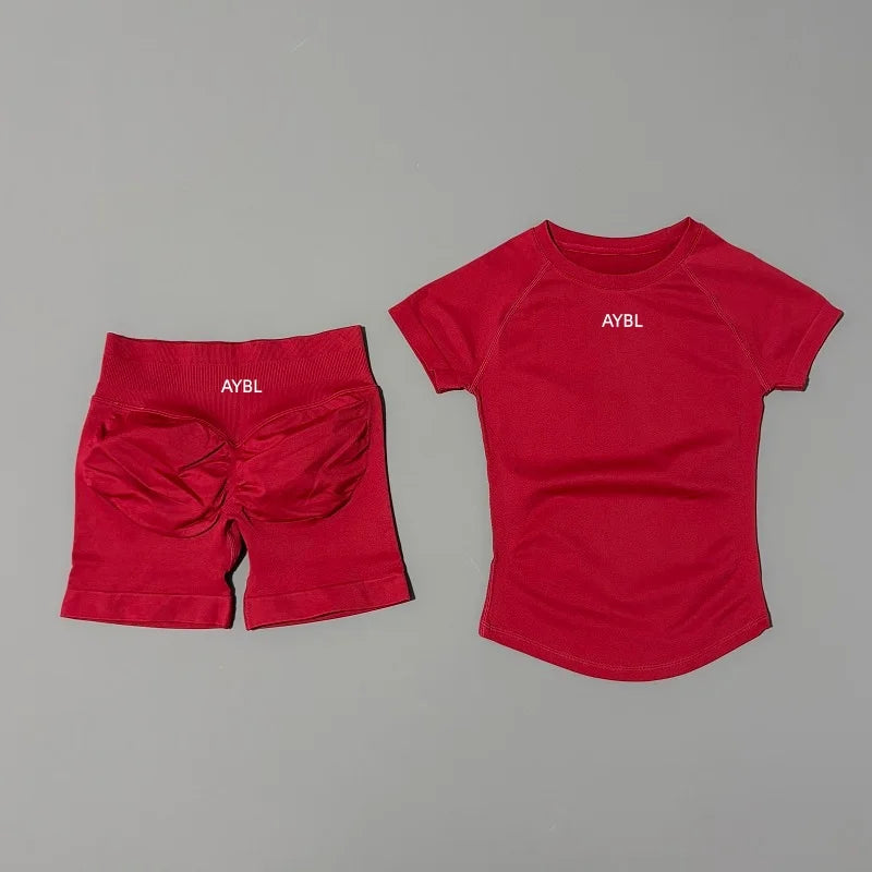 2 Pieces Sports Sets Short Sleeve Sculpt T Shirt Seamless Yoga Top Fitness Set Women Workout Running Sports Shorts Gym Suit - ATFH