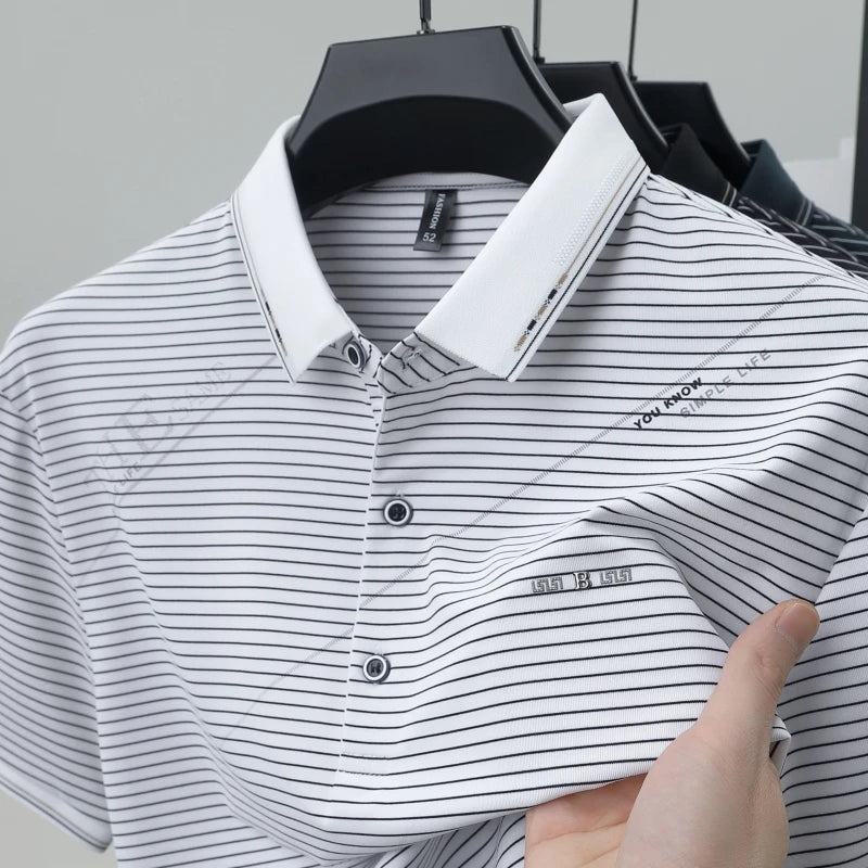 Light luxury stripe short sleeve men polo shirt summer trend brand letter embossed high-quality silky cotton breathable T-shirt