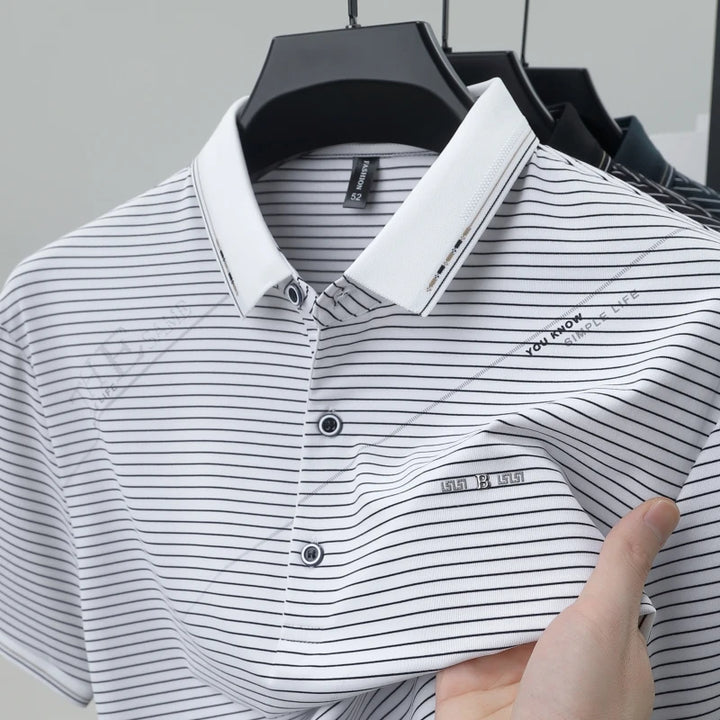 Light luxury stripe short sleeve men polo shirt summer trend brand letter embossed high-quality silky cotton breathable T-shirt