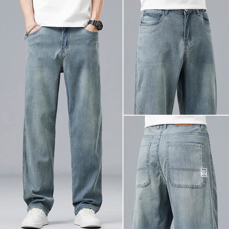 Summer Ultra-thin Lyocell Men's Jeans Drape Soft Fabric Loose Straight Casual Denim Pants Elastic Ice Silk Male Trousers ATFH