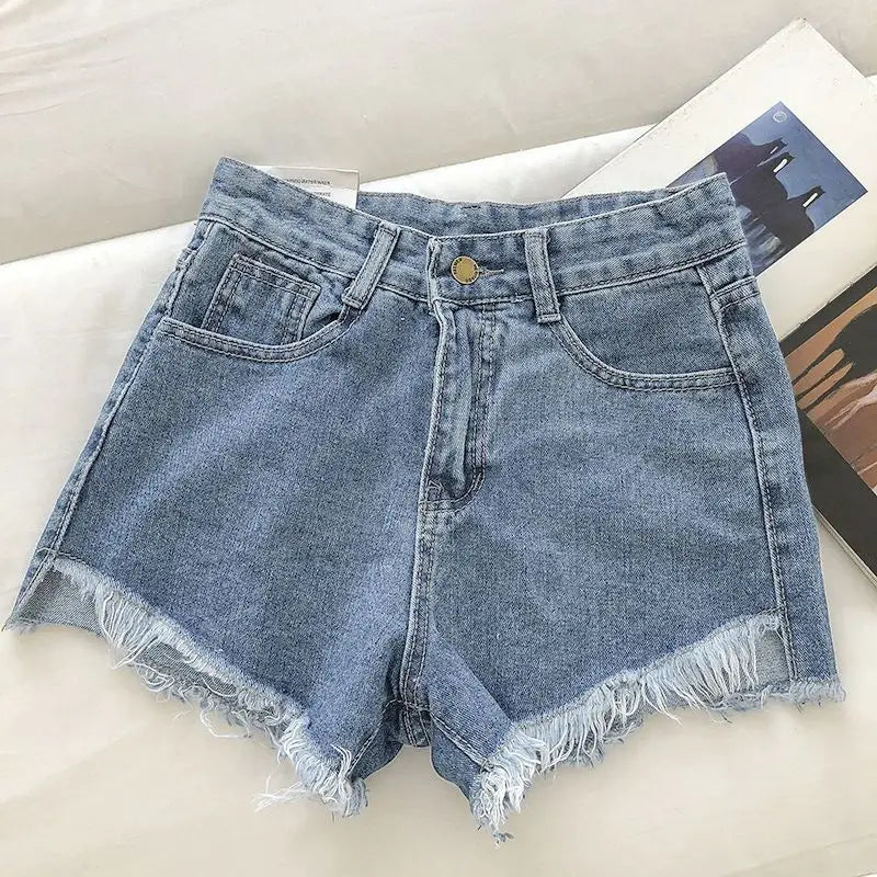 New Summer Women High Wiast Raw Hem Denim Shorts Soild White Black Blue Korean Wide Leg Pants Mon Shorts DURIKIES ATFH