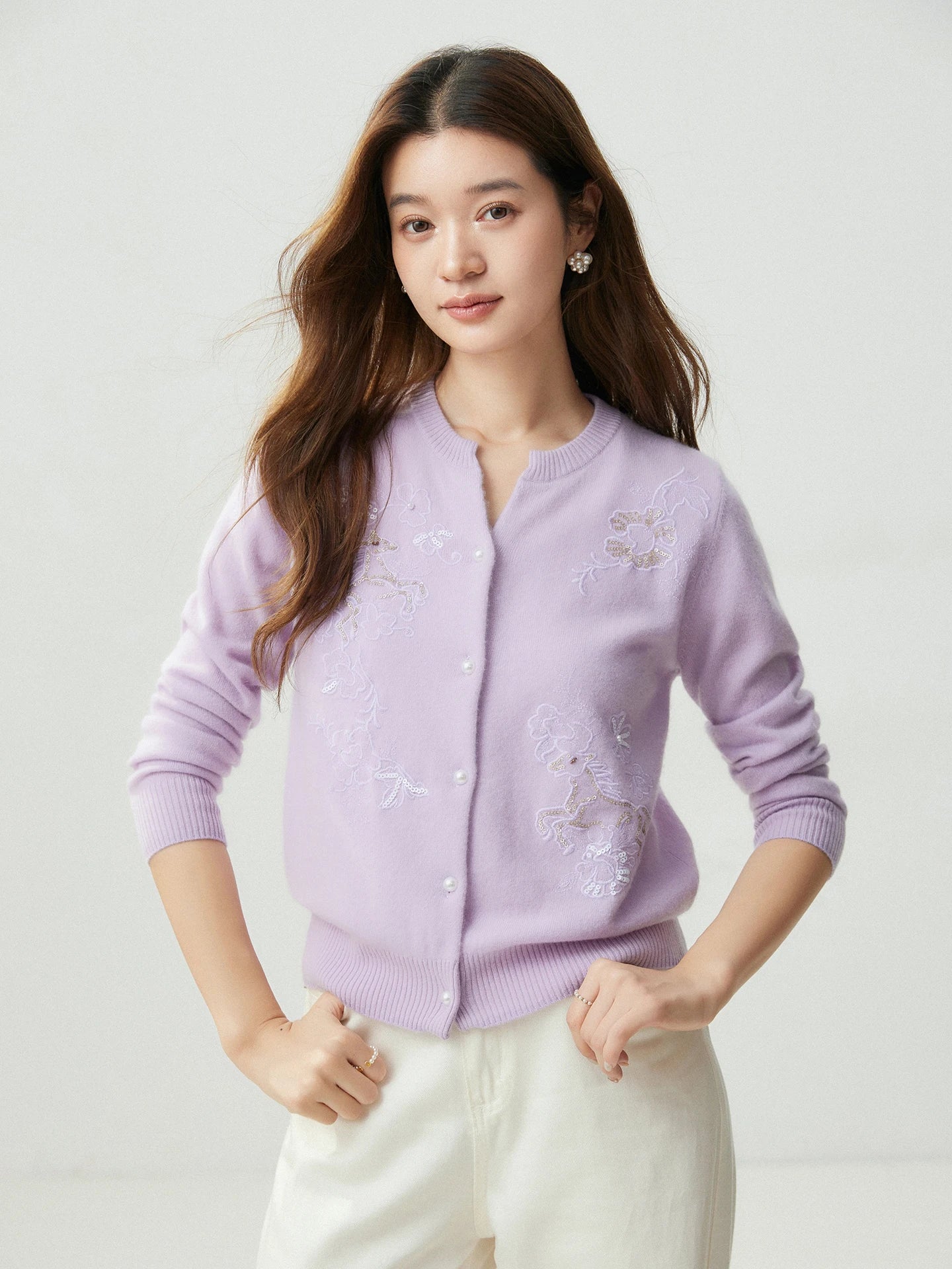 Delicate Notched Collar Autumn Winter Woman 100% Cashmere Mock-Neck Cardigan Knitwear Pearl Buttons Long Sleeve Ribbed Hem Tops