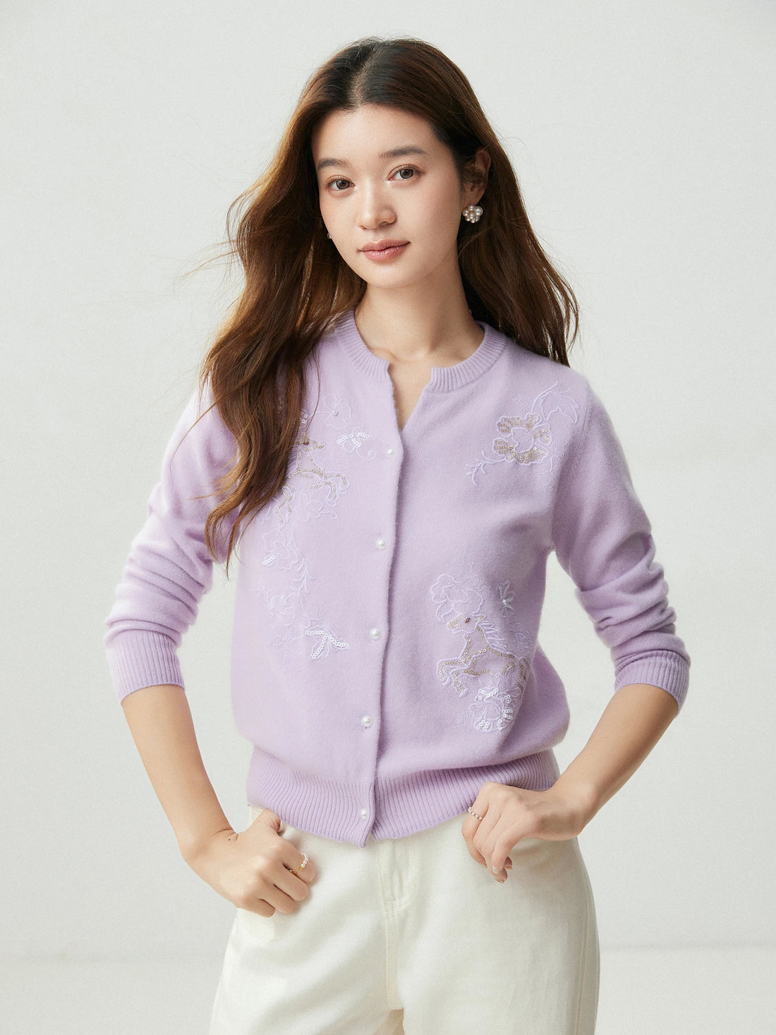 Delicate Notched Collar Autumn Winter Woman 100% Cashmere Mock-Neck Cardigan Knitwear Pearl Buttons Long Sleeve Ribbed Hem Tops