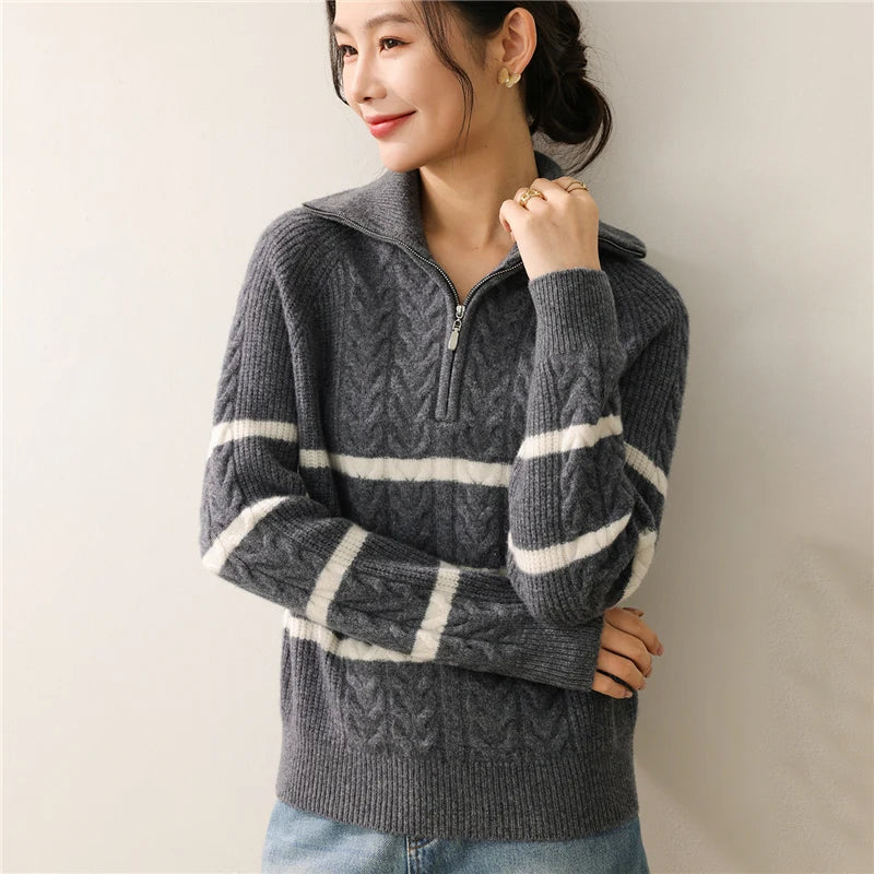 Autumn and winter new 100% pure wool high neck sweater women's casual knitted cashmere pullover loose hot selling women's top - ATFH