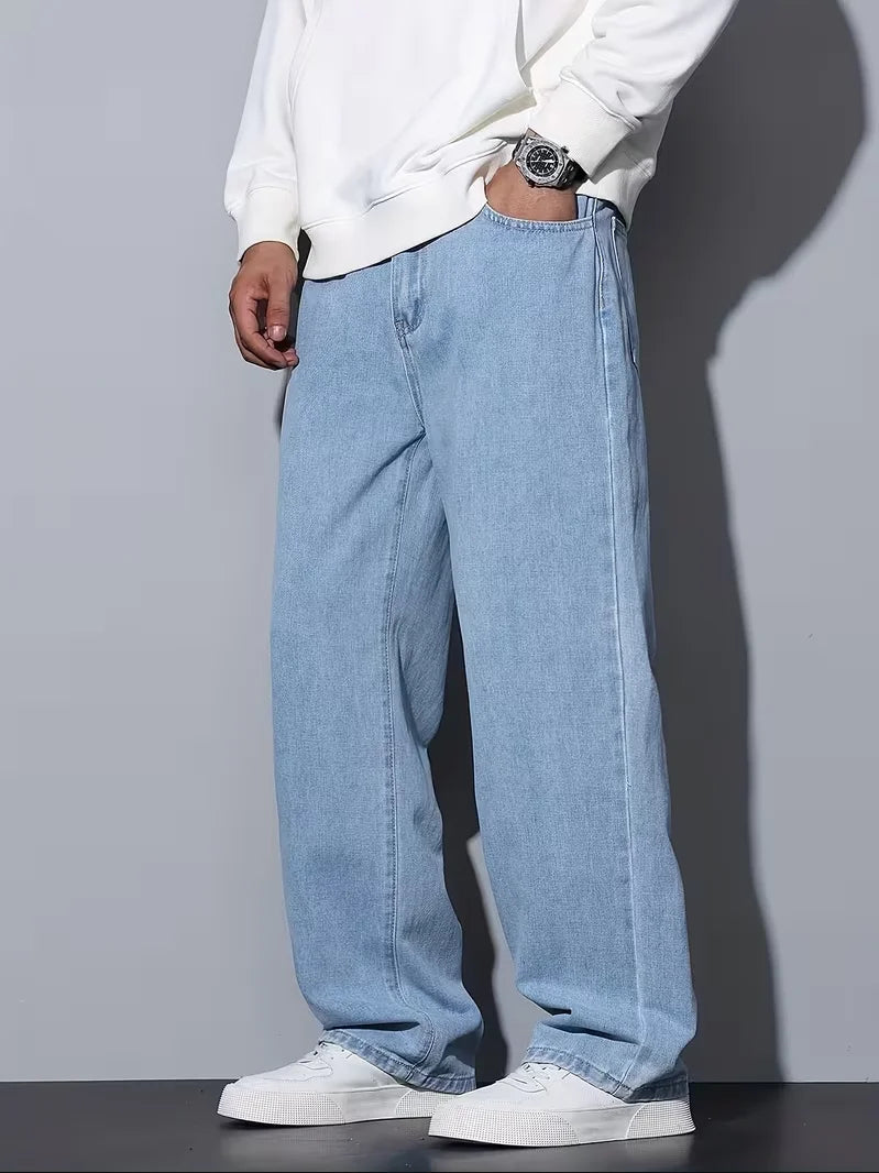 Men's Straight Leg Jeans, Loose Casual Trousers, Soft Cotton Casual Pants ATFH