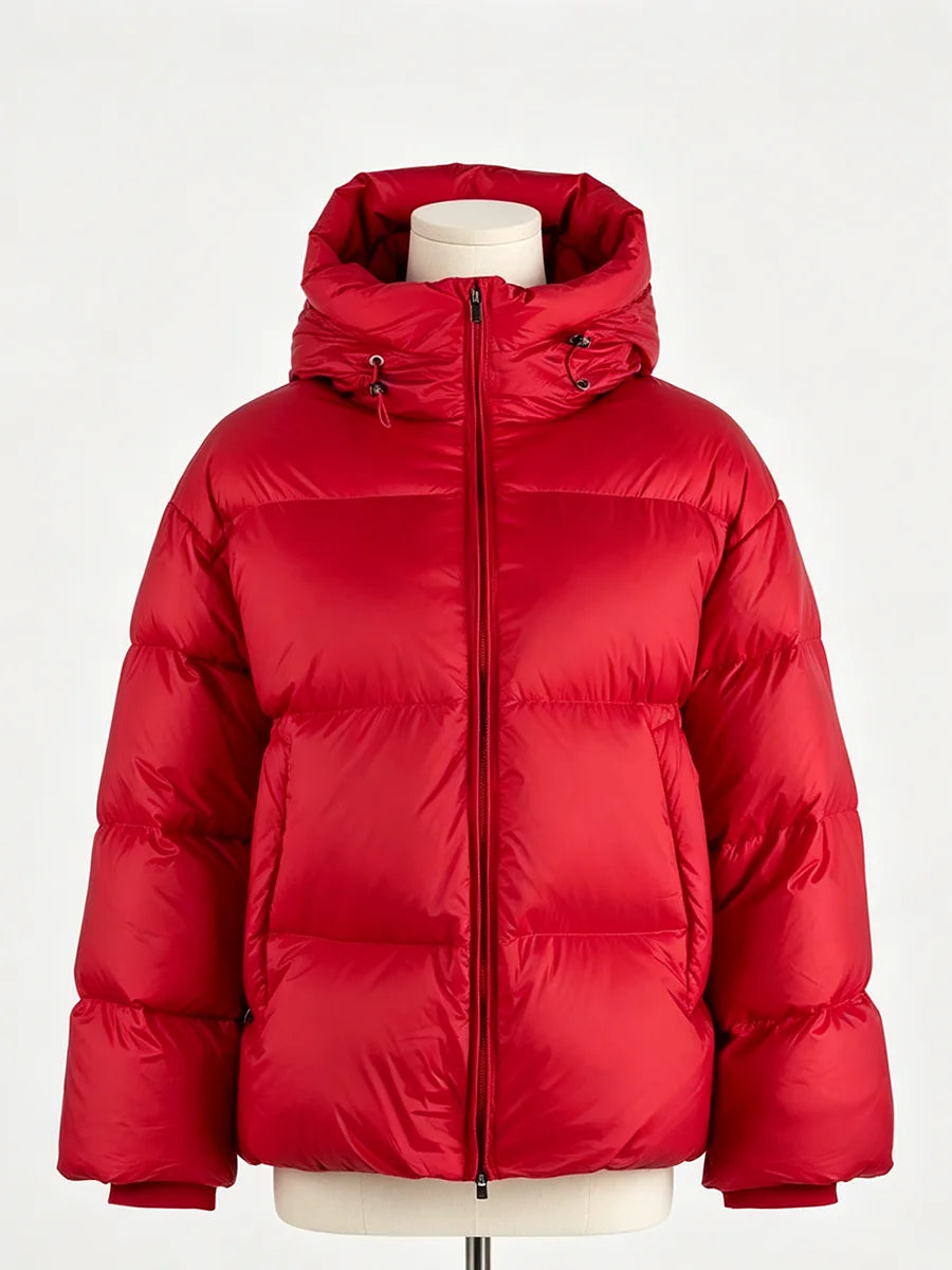 RU Women Hooded Short Puffer  Zip‑Up Loose Long Sleeve Drawstring Hood Warm Winter Female Outerwear