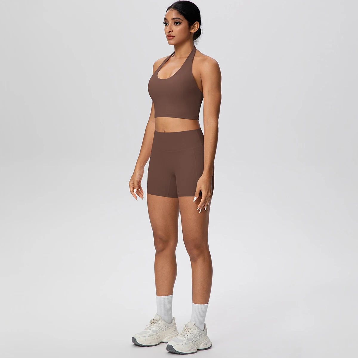 2PCS Women Yoga Set Solid Color Beautiful Back Hanging Neck Bra with Chest Pad Quick-Dry Fitness Shorts With Pockets Yoga Set - ATFH