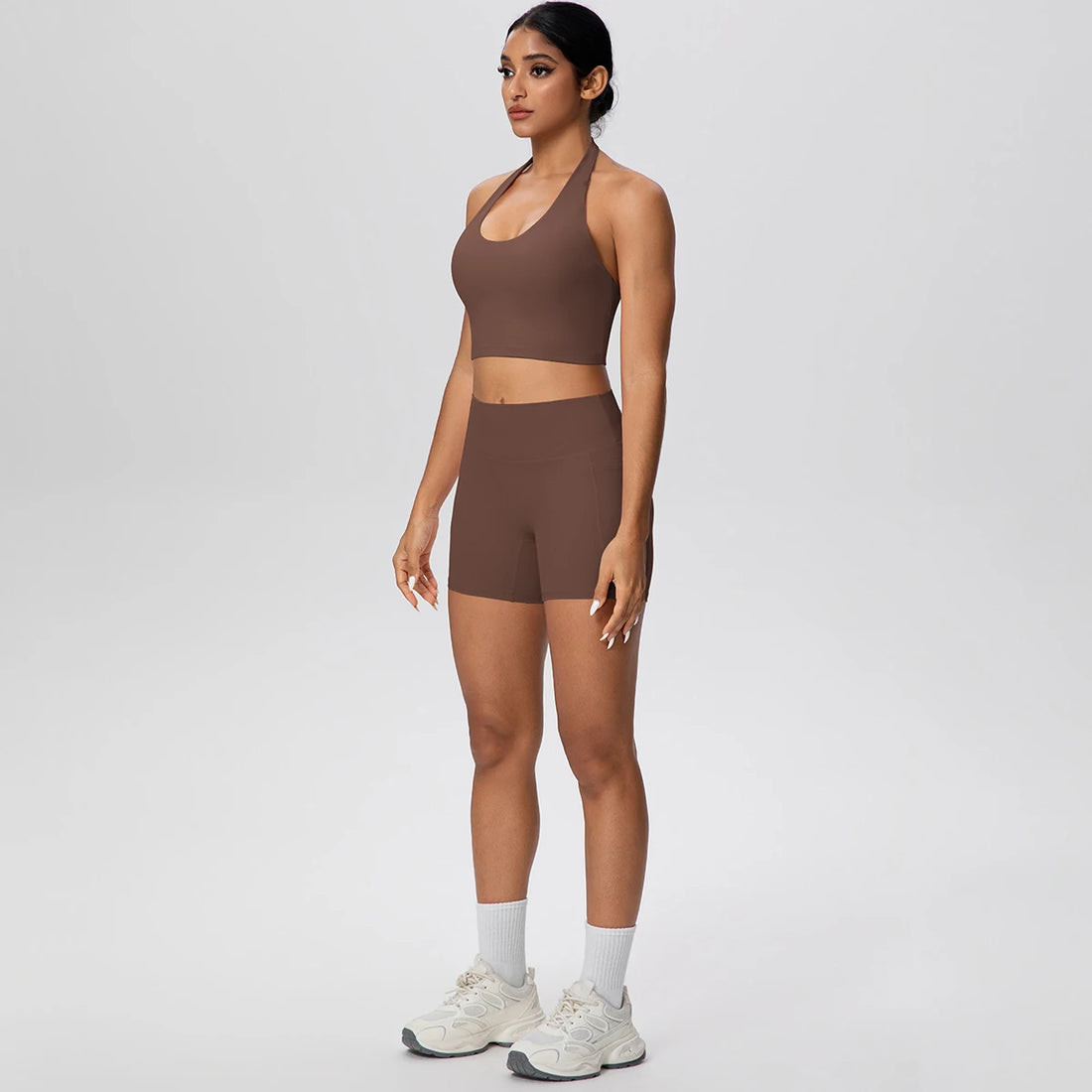 2PCS Women Yoga Set Solid Color Beautiful Back Hanging Neck Bra with Chest Pad Quick-Dry Fitness Shorts With Pockets Yoga Set - ATFH