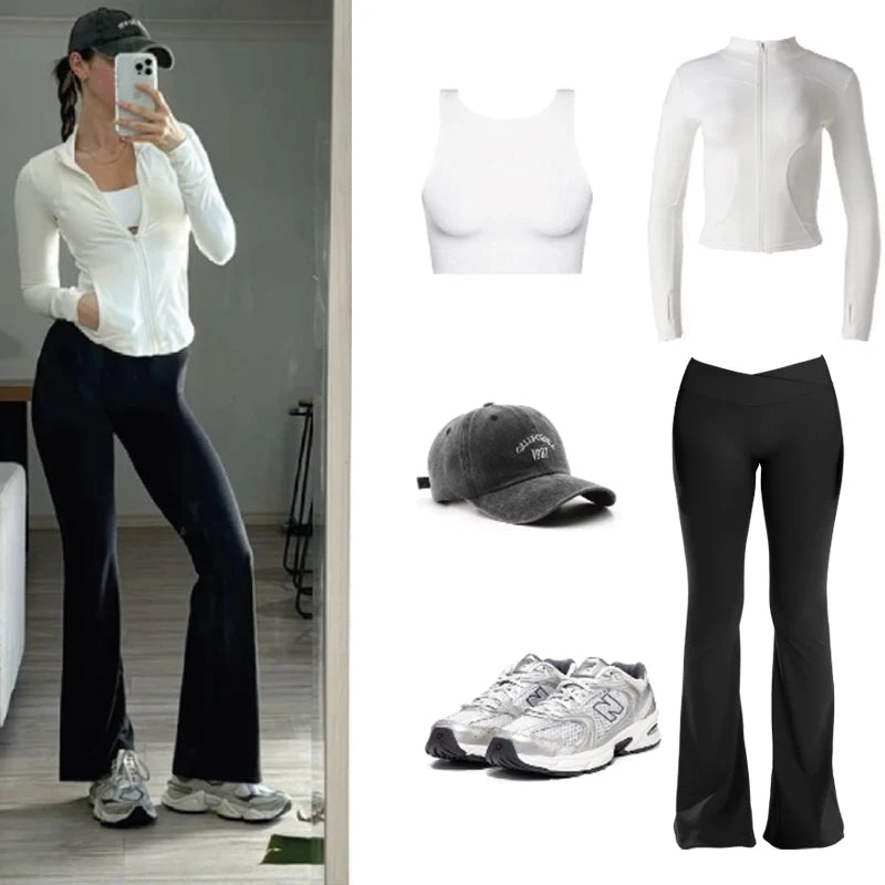 Gym Leggings Women High Waist Flared Pants Cross Waist Sport Tights Ladies Push Up Fitness Leggin Workout Clothes ATFH