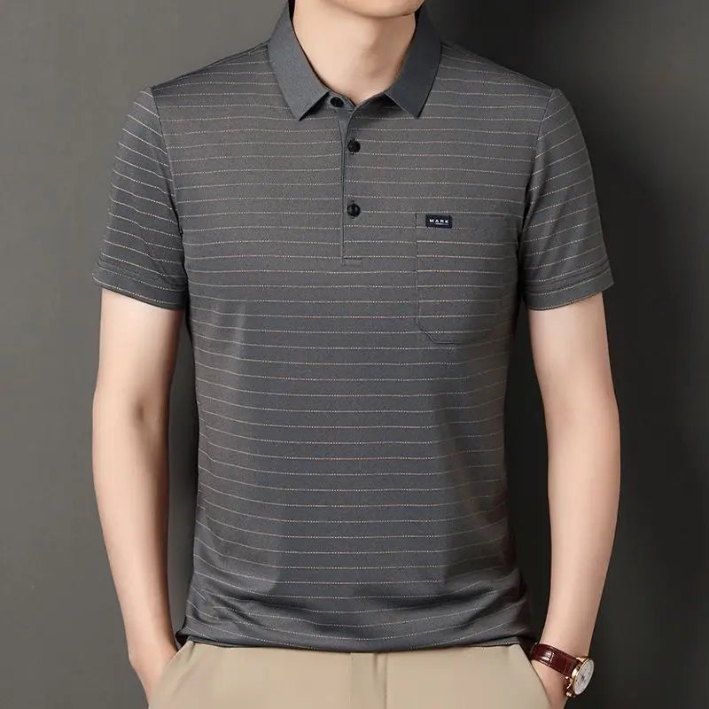Men's Short-sleeved Lapel Striped T-shirt Real Pocket Polo Shirt Middle-aged and Elderly Loose Casual Thin Top Men