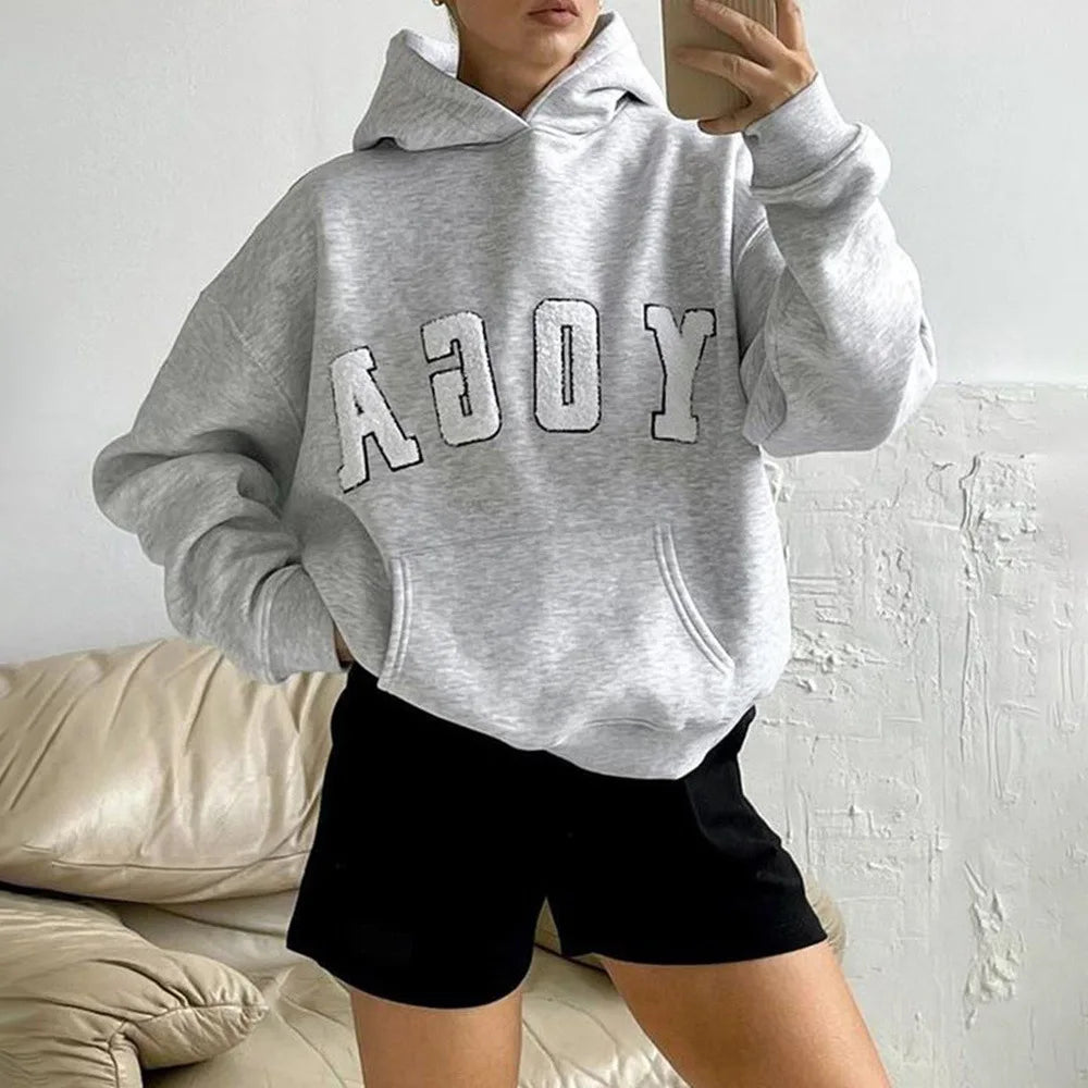 Casual Hooded Hoodies Women Autumn Winter Sweatshirts Letter Embroidery Female Long Sleeve Pullover Tops Oversized Streetwear - ATFH