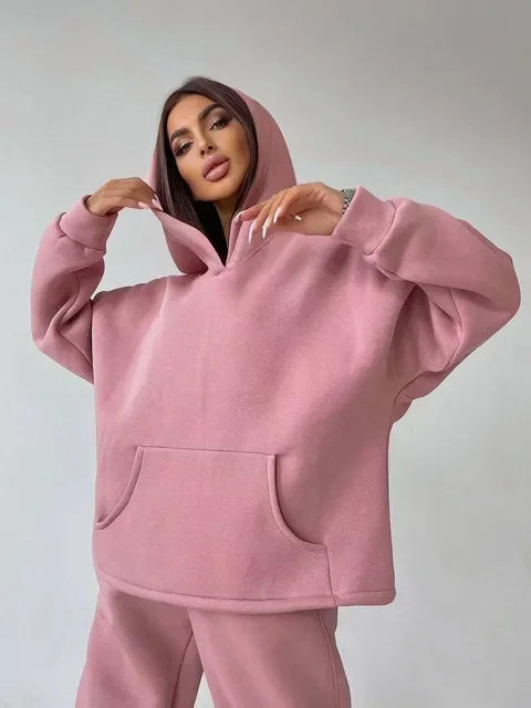 2025 New Autumn Winter Hooded Pocket Loose Sweatshirt Set Women Multi Color Options Casual Sport Two Piece Outfit