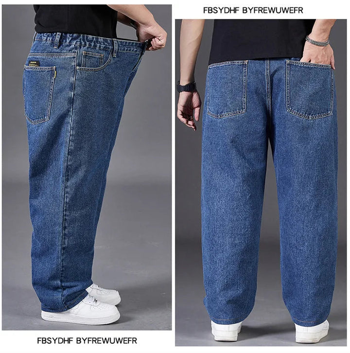 Men's Plus Size Jeans with Elastic Waistband Denim Trousers Male Straight Tube Breathable Loose Street Wear Casual Pants ATFH