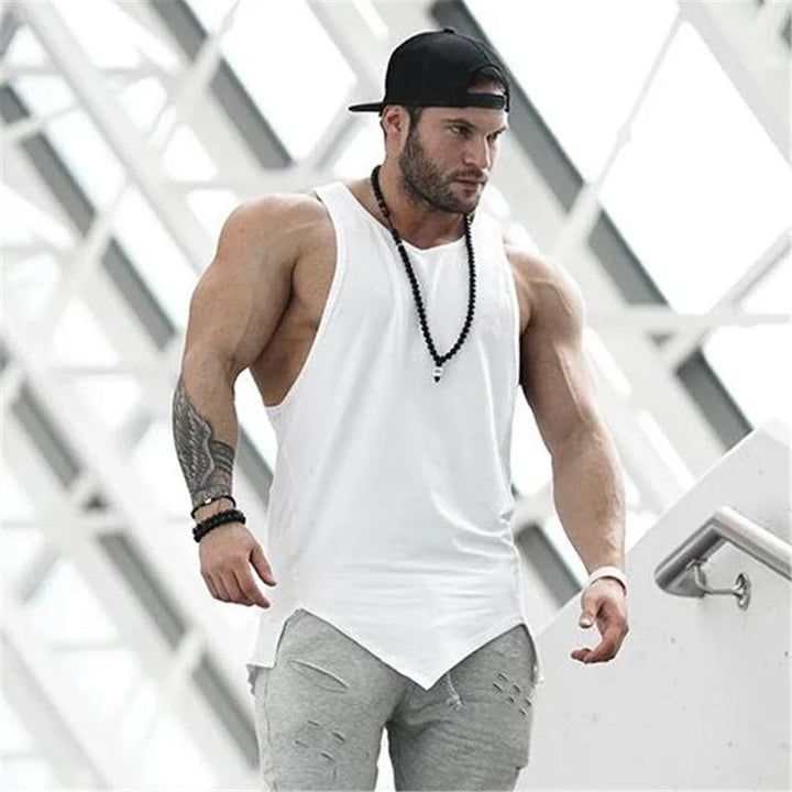 Men's white cotton gym stringer tank top with irregular hem