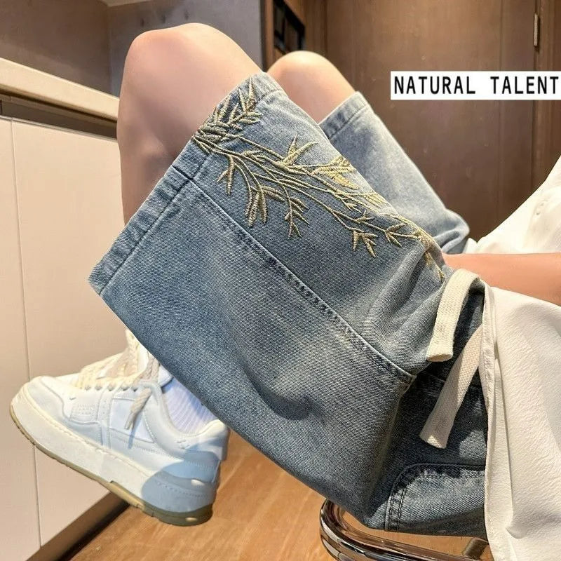 Men's 2026 Summer Retro Washed New Chinese Style Embroidered Denim Shorts Thin Loose Plus Size Streetwear 5-Pocket Capri Pants ATFH