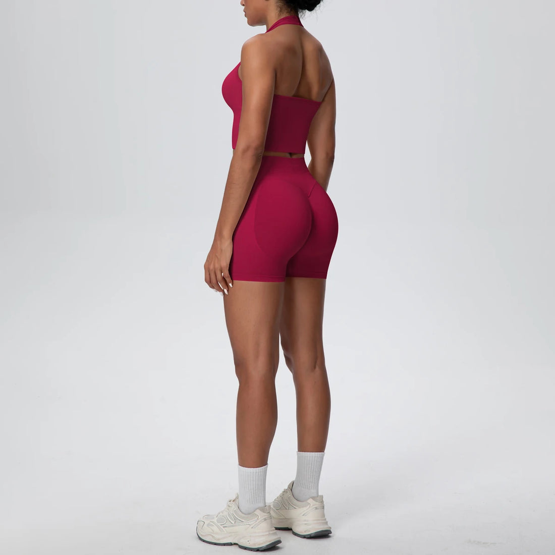 2Pieces Breathable Hanging Neck Bra Fitness Shorts Yoga Set for Woman's Quick-Dry Hip Push Up Seamless Sports Top Yoga Suit - ATFH