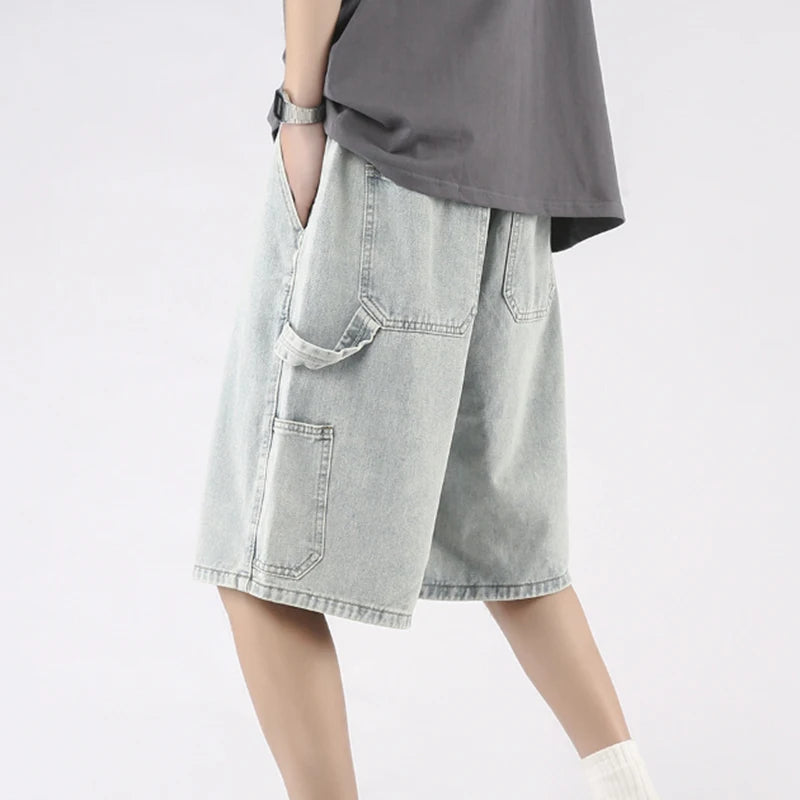 2026 Men's American Retro Carpenter Denim Shorts Summer Washed Casual Drawstring Loose Fit Cargo Jeans ATFH