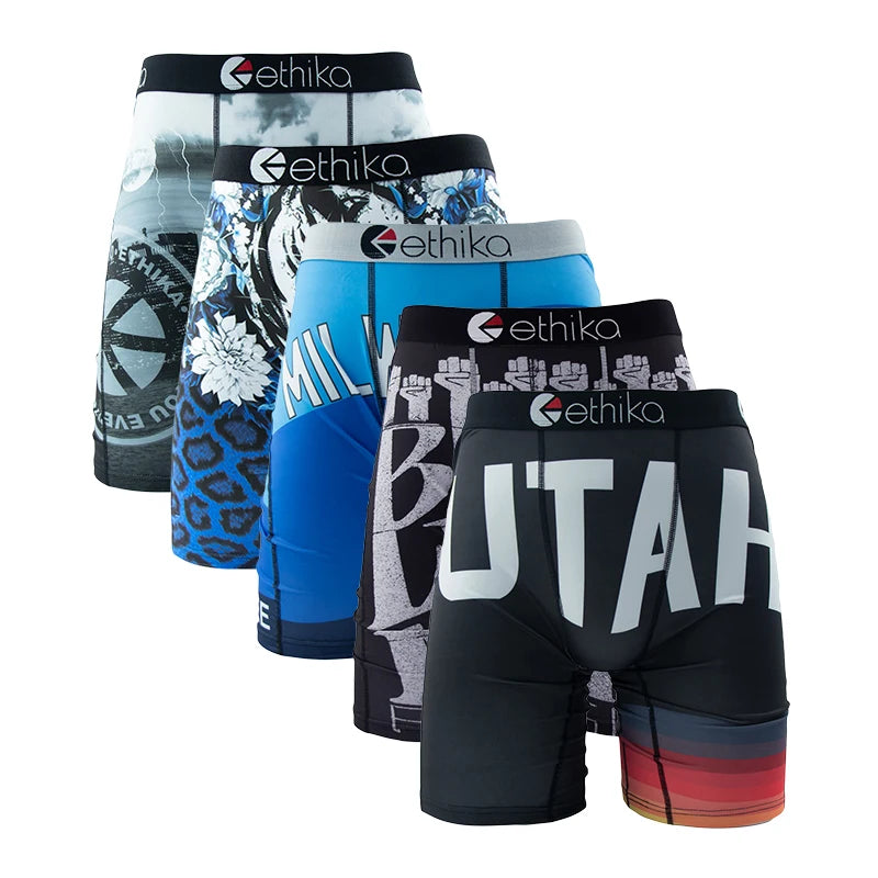 ETHIKA 5Pcs Sexy Men Underwear Breathable Mesh Crotch Mens Underpants Boxers Plus Size Printed Man Panties Men's Boxers Briefs