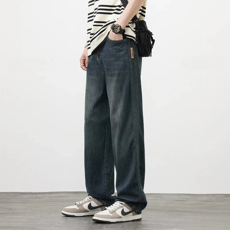 Good Quality Summer Cosy Soft Lyocell Fabric Men's Jeans Loose Wide Leg Pants Elastic Waist Thin Casual Y2K Trousers Plus Size ATFH