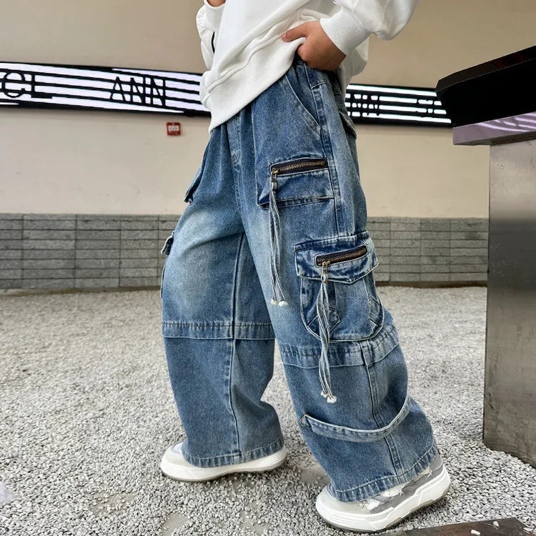 Boys Jeans 2025 New Spring Autumn Pants Children's Straight Trousers Teenager Wide-legged Cargo Denim Pants Kids Loose Clothes ATFH