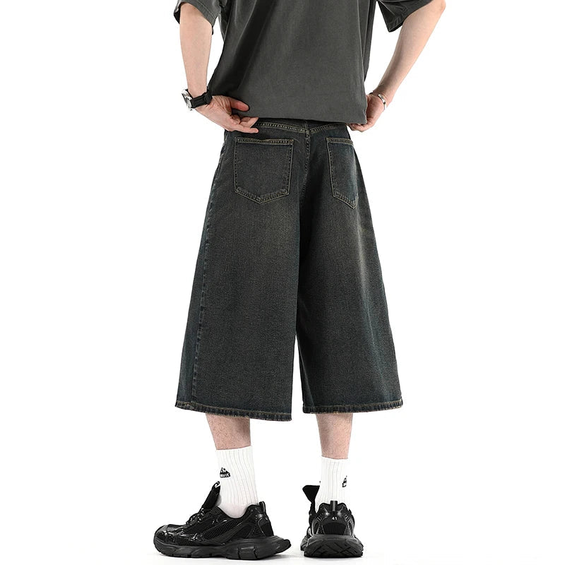 black Baggy Denim 5 Shorts Wide Leg Pants Men Fashion High Waisted Over the knee Jeans Shorts Oversize 6 7 8six-seven point pant ATFH
