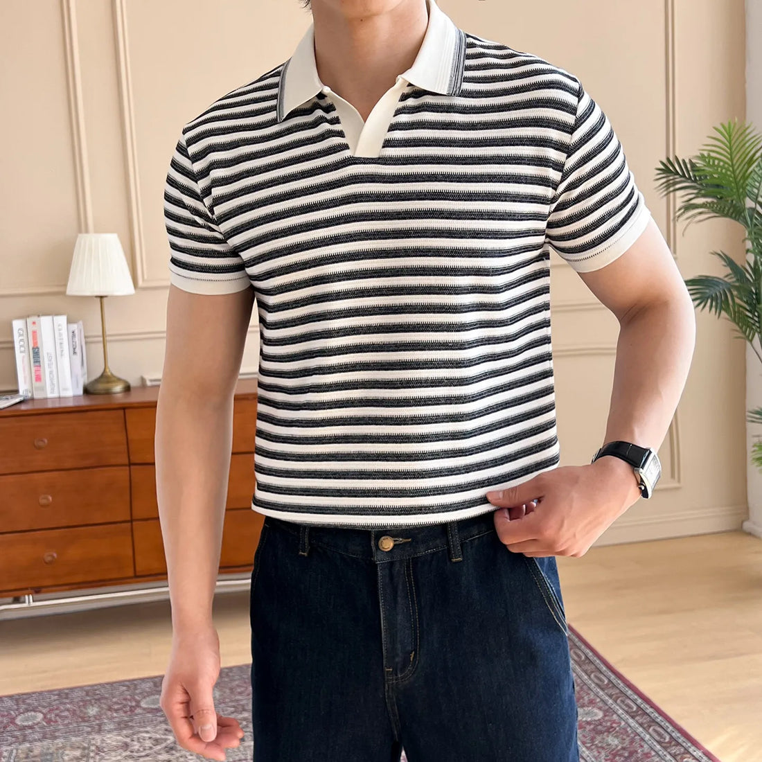 Men's Stripe Polo Shirt, Short Sleeve Breathable T-Shirt with Turn-Down Collar Retro Style Fit  Casual Business Wear 57%cotton
