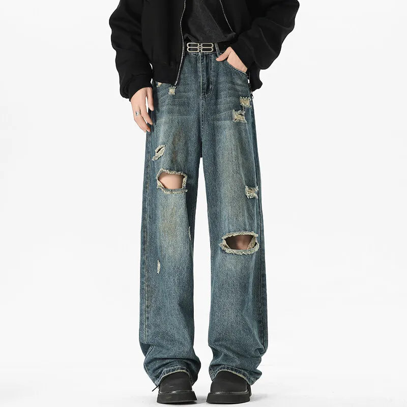 NEW Baggy jeans man Frayed Damaged Hole Baggy Wide Leg Jeans for Men and Women Streetwear Casual Ropa Hombre Denim Trousers ATFH